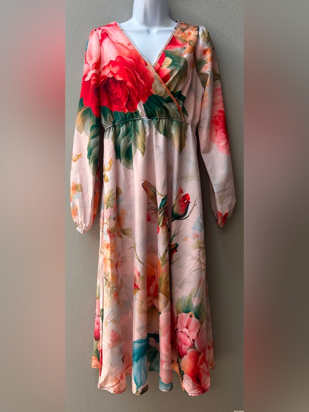 Floral Midi Dress Pink Rose Print Long Sleeve Faux Wrap Dress Size Medium | NWOT